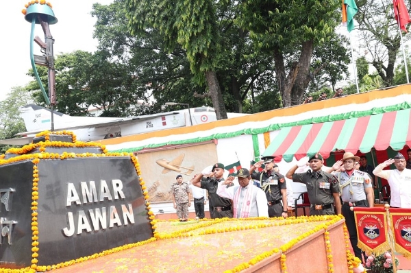 Governor Laxman Prasad Acharya Paying Tribute to Assam’s Martyrs at ‘Amar Shaheed Shradhanjali’ Programme.
