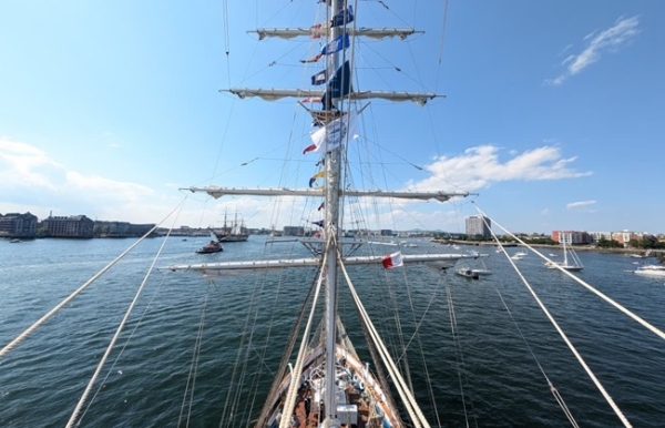The Indian sailing vessel INS Sudarshini participates in the Grand Parade of Sail in Boston, United States.