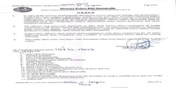 Police In Baramulla Issue SOPs For Media Access During Official Events And Security Deployments