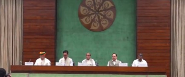 Union Ministers Rajnath Singh, J.P. Nadda, Arjun Ram Meghwal, Kiren Rijiju, and others during the all-party meeting. Union Ministers Rajnath Singh, J.P. Nadda, Arjun Ram Meghwal, Kiren Rijiju, and others during the all-party meeting.