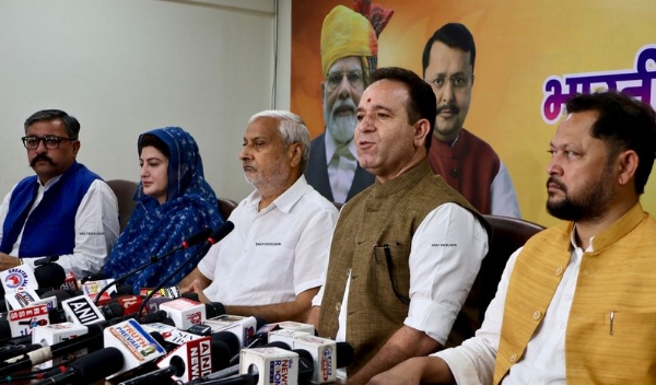 BJP Leader of opposition Jammu and Kashmir Assembly Sunil Sharma along with MLA Sham Lal Sharma and party Leaders addressing a press conference BJP Leader of opposition Jammu and Kashmir Assembly Sunil Sharma along with MLA Sham Lal Sharma and party Leaders addressing a press conference