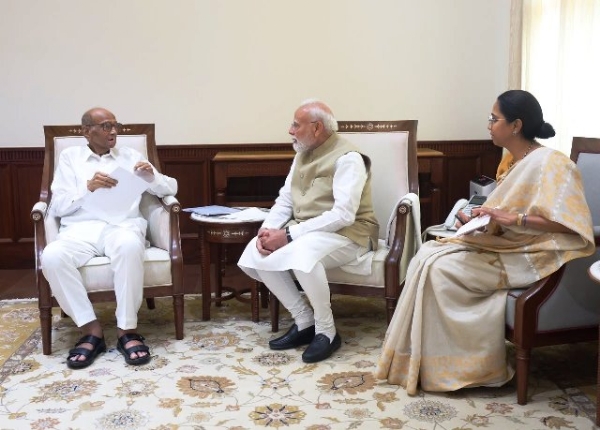 NCP (Sharadchandra Pawar) chief Sharad Pawar and Lok Sabha MP Supriya Sule during their meeting with Prime Minister Narendra Modi at the Parliament House on Wednesday.