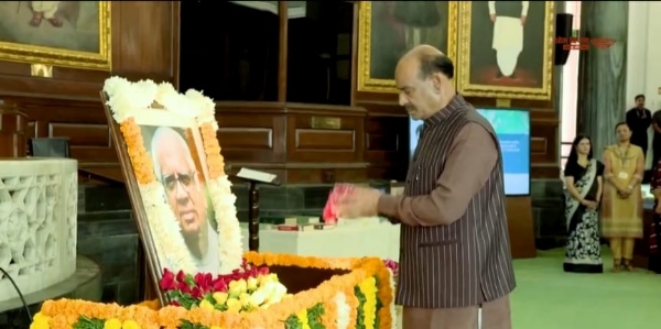 Lok Sabha Speaker Om Birla pays tribute to former Lok Sabha Speaker Somnath Chatterjee on Saturday.