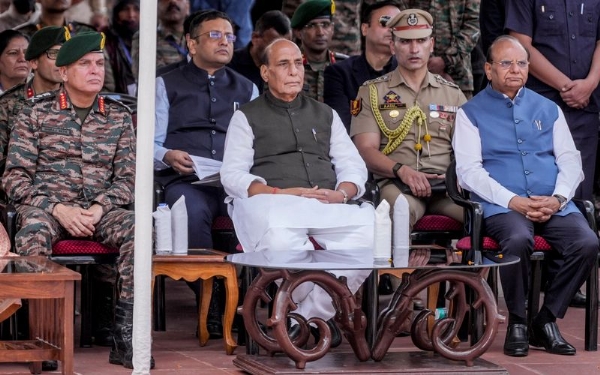 Defense Minister Rajnath Singh, centre, Chief of the Army Staff (COAS) General Dhiraj Seth, left, Ladakh Lieutenant Governor Vinai Kumar Saxena and others during the 27th Kargil Vijay Diwas celebrations