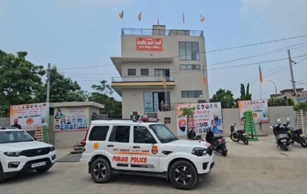 Police deployed outside the BJP office in Sangrur following a petrol bomb attack.