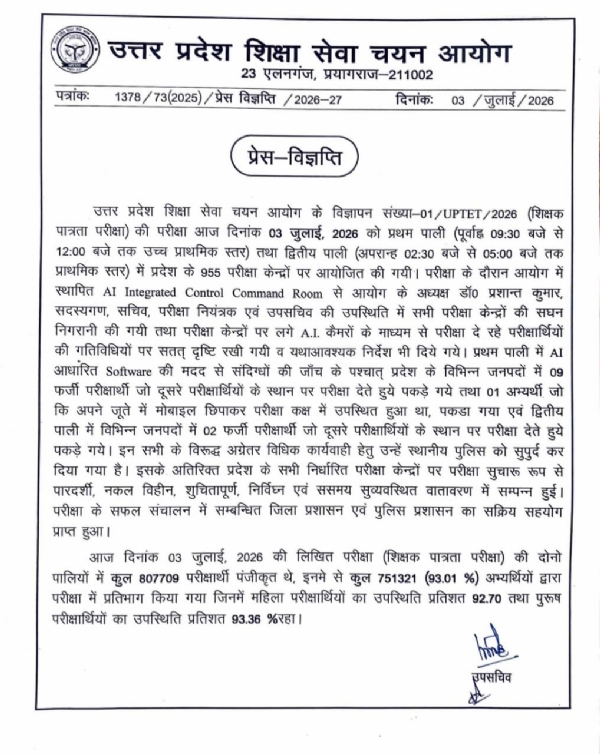 2nd day of 3-day UPTET-2026 exams held on Friday
