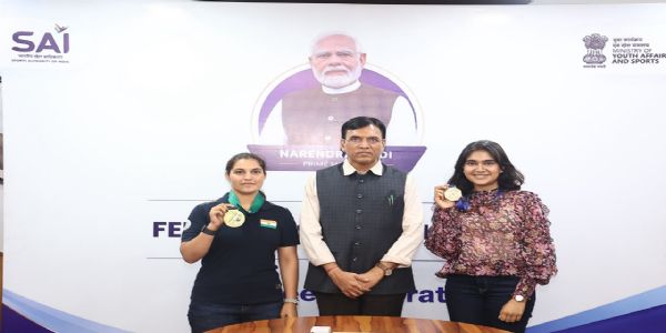 Sports Minister Mansukh Mandaviya Honours ISSF World Cup Gold Medallists Isha Singh and Neeru Dhanda, Assures Full Government Support