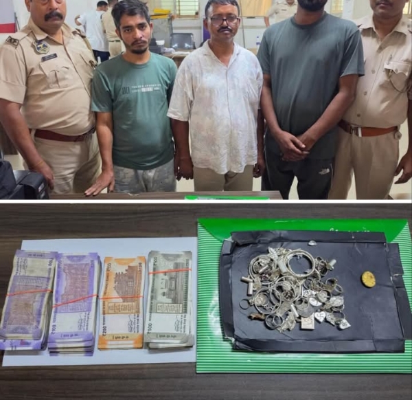 Image of the Arrested Burglar, Two Receivers of Stolen Property in Guwahati and Recovered Gold, Silver and Cash.