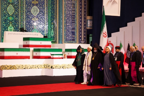 Iranian and foreign officials offered their final respects to slain Supreme Leader Ali Khamenei and his family members at the Grand Mosalla mosque in Tehran on Friday before proceeding past their coffins. Iranian and foreign officials offered their final respects to slain Supreme Leader Ali Khamenei and his family members at the Grand Mosalla mosque in Tehran on Friday before proceeding past their coffins.