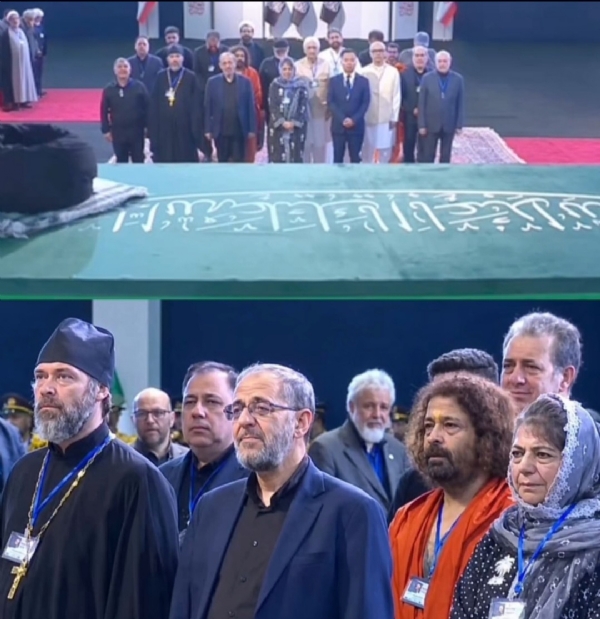 Salman Khurshid and Mehbooba Mufti stand alongside foreign delegations during the official farewell ceremony for former Iranian Supreme Leader Ayatollah Ali Khamenei in Tehran.