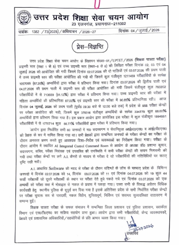 UPTET-2026 concludes peacefully in all 60 districts of the state UPTET-2026 concludes peacefully in all 60 districts of the state