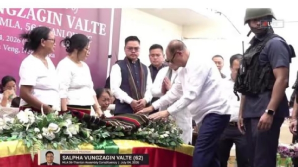 Manipur Chief Minister Y. Khemchand Singh on Saturday at Churachandpur attending the last rites of former MLA Vungzagin Valte.