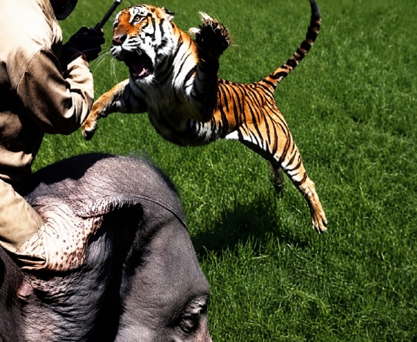 File image: A tiger leapting over Joymala during a patrol.