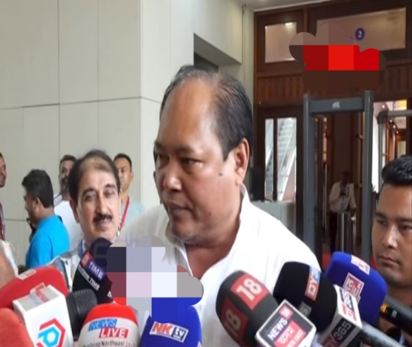 Minister Biswajit Daimary talking to media persons.