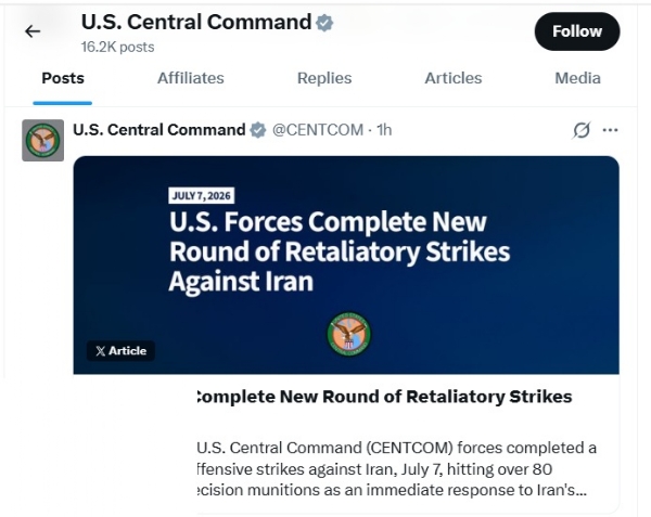 CENTCOM posts an official statement confirming retaliatory US strikes on more than 80 targets in Iran. CENTCOM posts an official statement confirming retaliatory US strikes on more than 80 targets in Iran.