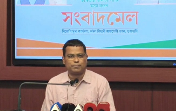 State BJP Spokesperson Kamal Kumar Medhi addressing a Press Conference at the Party Headquarters.