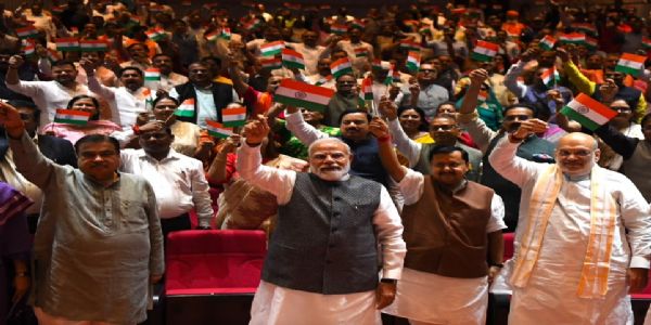 PM Modi, NDA Leaders Wave Tricolour at ‘Mangal Milan’ Parliamentary Meeting