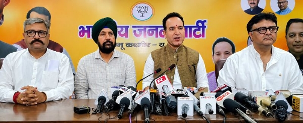 LoP Sunil Sharma along with other BJP leaders at a press conference in Jammu