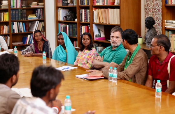 Leader of Opposition in the Lok Sabha Rahul Gandhi meets representatives of people affected by the Ken-Betwa River Linking Project in New Delhi on Thursday.