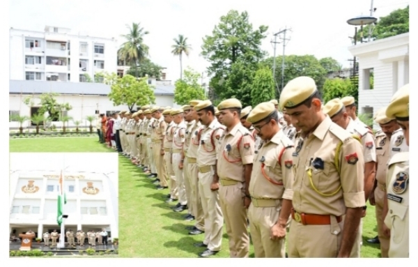 Image of the Assam Police Observing Mourning Day to Remember Victims of Dhemaji Blast 2004.