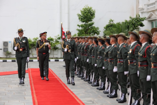 Indian Army Chief General Dhiraj Seth inspects the Guard of Honour by the Nepal Army.