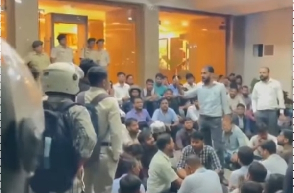 CGL-appointed employees staging a sit-in protest at Project Building in Ranchi. CGL-appointed employees staging a sit-in protest at Project Building in Ranchi.