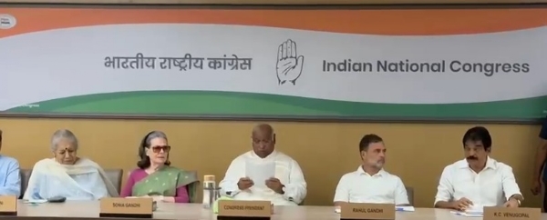 Senior Congress leaders, including party president Mallikarjun Kharge, Congress Parliamentary Party Chairperson Sonia Gandhi, Leader of Opposition in the Lok Sabha Rahul Gandhi, AICC General Secretary (Organisation) K.C. Venugopal, and AICC General Secretary Priyanka Gandhi, were present at the Congress Working Committee (CWC) meeting.