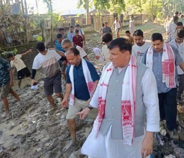 Aam Aadmi Party (AAP) Rajya Sabha MP Sanjay Singh in flood affected area of Assam.