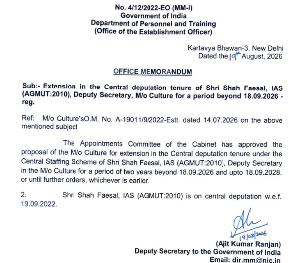 Shah Faesal Gets Two-Year Extension On Central Deputation