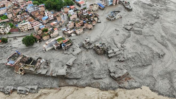 drone view shows mud covering properties following a flash flood in ,Nepal, drone view shows mud covering properties following a flash flood in ,Nepal,