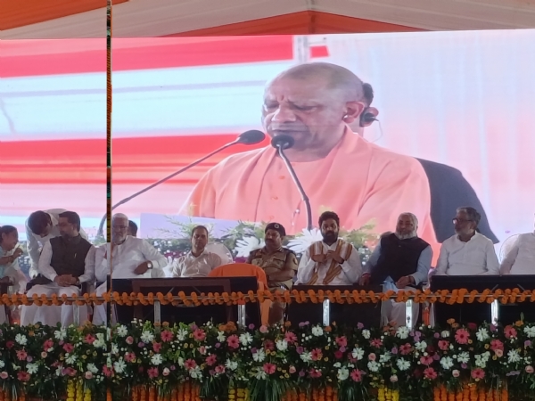 UP CM addressing gathering in Ballia post-aerial survey on Saturday UP CM addressing gathering in Ballia post-aerial survey on Saturday