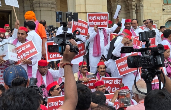 Samajwadi Party (SP) members protested in the Uttar Pradesh Assembly on Monday Samajwadi Party (SP) members protested in the Uttar Pradesh Assembly on Monday