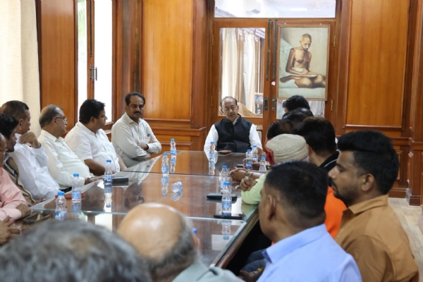 Former Union Minister Vijay Goel holds a meeting with delegations representing various sectors at his Delhi office to review preparations for the event.
