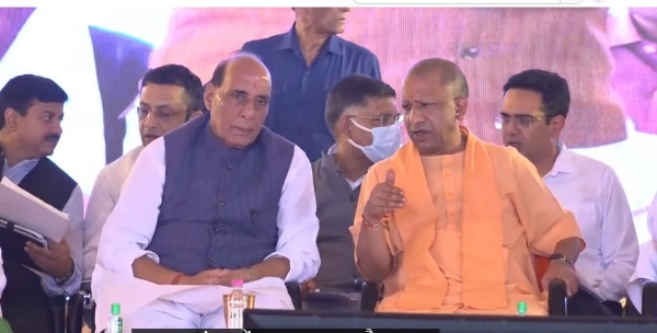 Rajnath Singh launching development projects worth ₹101 crore in cantonment area alongside Chief Minister Yogi Adityanath