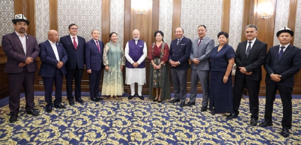 Prime Minister Narendra Modi during his interaction on Monday in Bishkek, the capital of Kyrgyzstan, with people who share a deep connection with India.