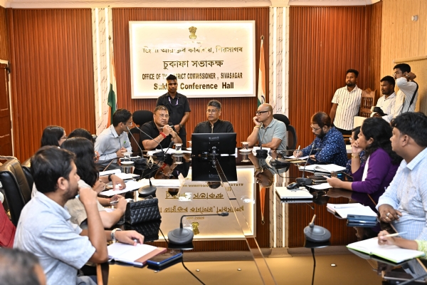 Minister Pijush Hazarika Reviewing Post-Flood Rehabilitation in Sivasagar on Thursday.