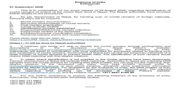 Indian Embassy Issues Advisory on Identification and Handover of Bodies of Nepal Flood Victims