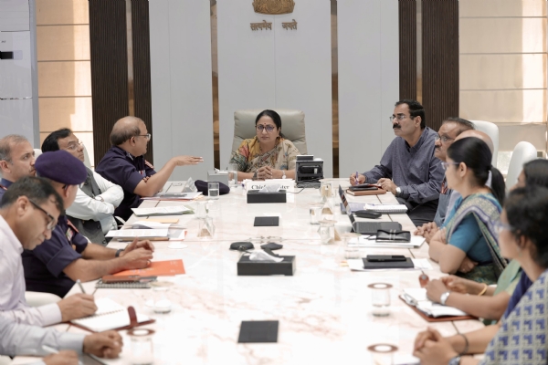 Chief Minister Rekha Gupta during a meeting with senior NDRF officials.