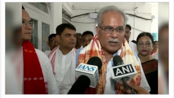 Congress leader and AICC General Secretary Bhupesh Baghel on Saturday in Guwahati talking to media persons.