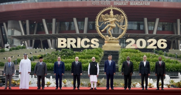 BRICS leaders at Bharat Mandapam in New Delhi. Photo: PIB