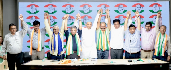 Congress leaders Qazi Nizamuddin, Devender Yadav and Rajendra Pal Gautam during the joining of former Delhi University Teachers’ Association (DUTA) president Dr Aditya Narayan Mishra and other academicians into the Congress at the party headquarters in New Delhi.