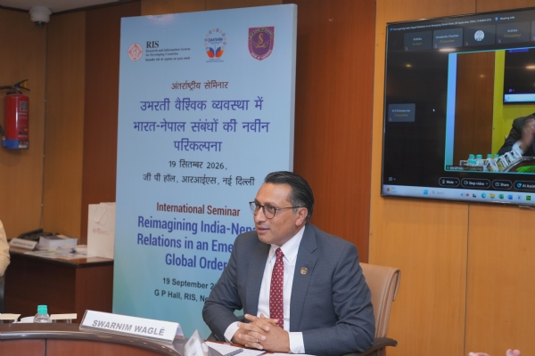 Dr. Swarnim Wagle, Nepal’s Finance Minister, addressing an international seminar on India-Nepal relations organised by RIS. Dr. Swarnim Wagle, Nepal’s Finance Minister, addressing an international seminar on India-Nepal relations organised by RIS.