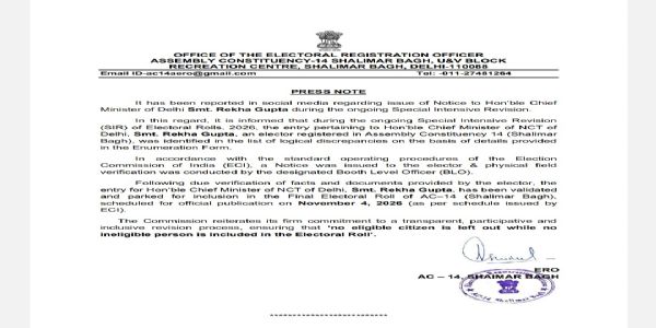 Notices Issued to 3,163,930, Including Chief Minister Rekha Gupta and Former Chief Minister Arvind Kejriwal, During SIR