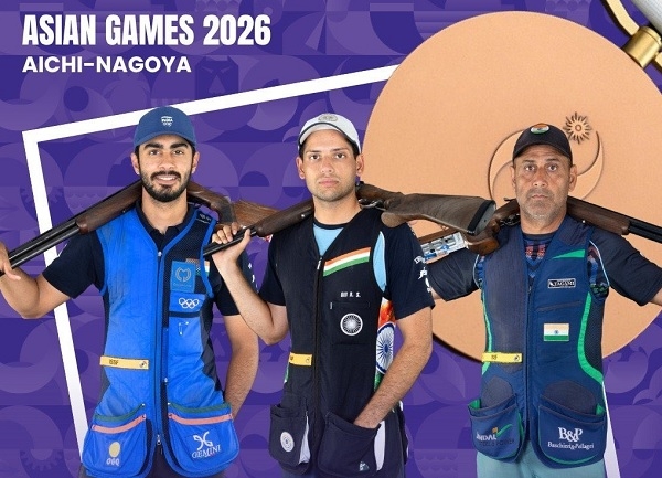 Anantjeet Singh Naruka, Bhavtegh Singh Gill and Mairaj Ahmad Khan after winning the bronze medal in the men’s skeet team event.
