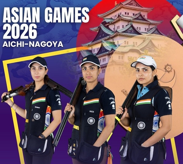 Parinaaz Dhaliwal, Raiza Dhillon and Maheshwari Chauhan after winning the bronze medal in the women’s skeet team event.