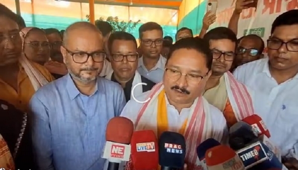 BJP President Dilip Saikia talking to the media persons.