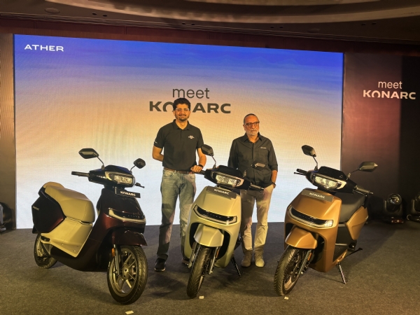 Ather Energy Chief Business Officer Ravneet Singh Phokela and Head of Marketing Saurabh Sharma during the launch of the Ather Konarc electric scooter in New Delhi.