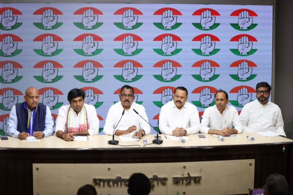 Congress party leaders address a press conference at the party headquarters announcing the Dalit-Adivasi Samman meeting.