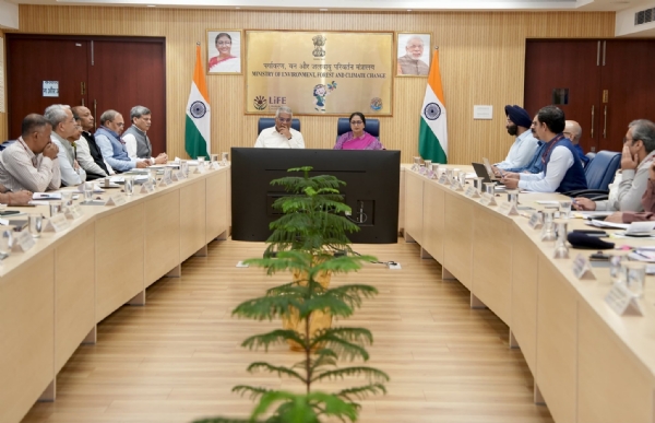 Delhi Chief Minister Rekha Gupta and Delhi Environment Minister Manjinder Singh Sirsa attend a meeting chaired by Union Environment, Forest and Climate Change Minister Bhupender Yadav at Paryavaran Bhawan on Monday.