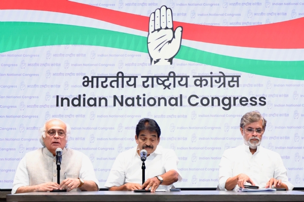 Congress general secretary (organisation) K. C. Venugopal and senior party leader Jairam Ramesh address a press conference at the Congress headquarters, Indira Bhavan, in New Delhi on Tuesday. Congress general secretary (organisation) K. C. Venugopal and senior party leader Jairam Ramesh address a press conference at the Congress headquarters, Indira Bhavan, in New Delhi on Tuesday.